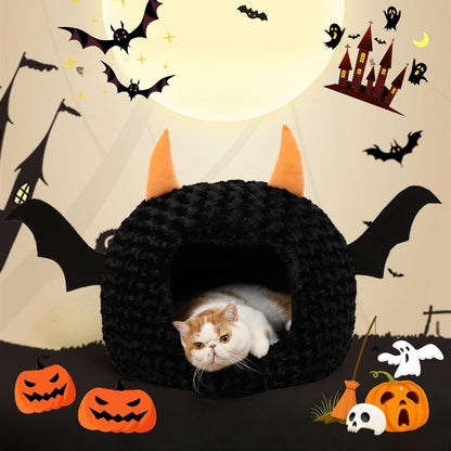 Funny Cat Bed Halloween Large Cat Cave Nest Warm Cute Kitten Bed Mattress Cartoon Ultra Soft Plush Removable Cushion6