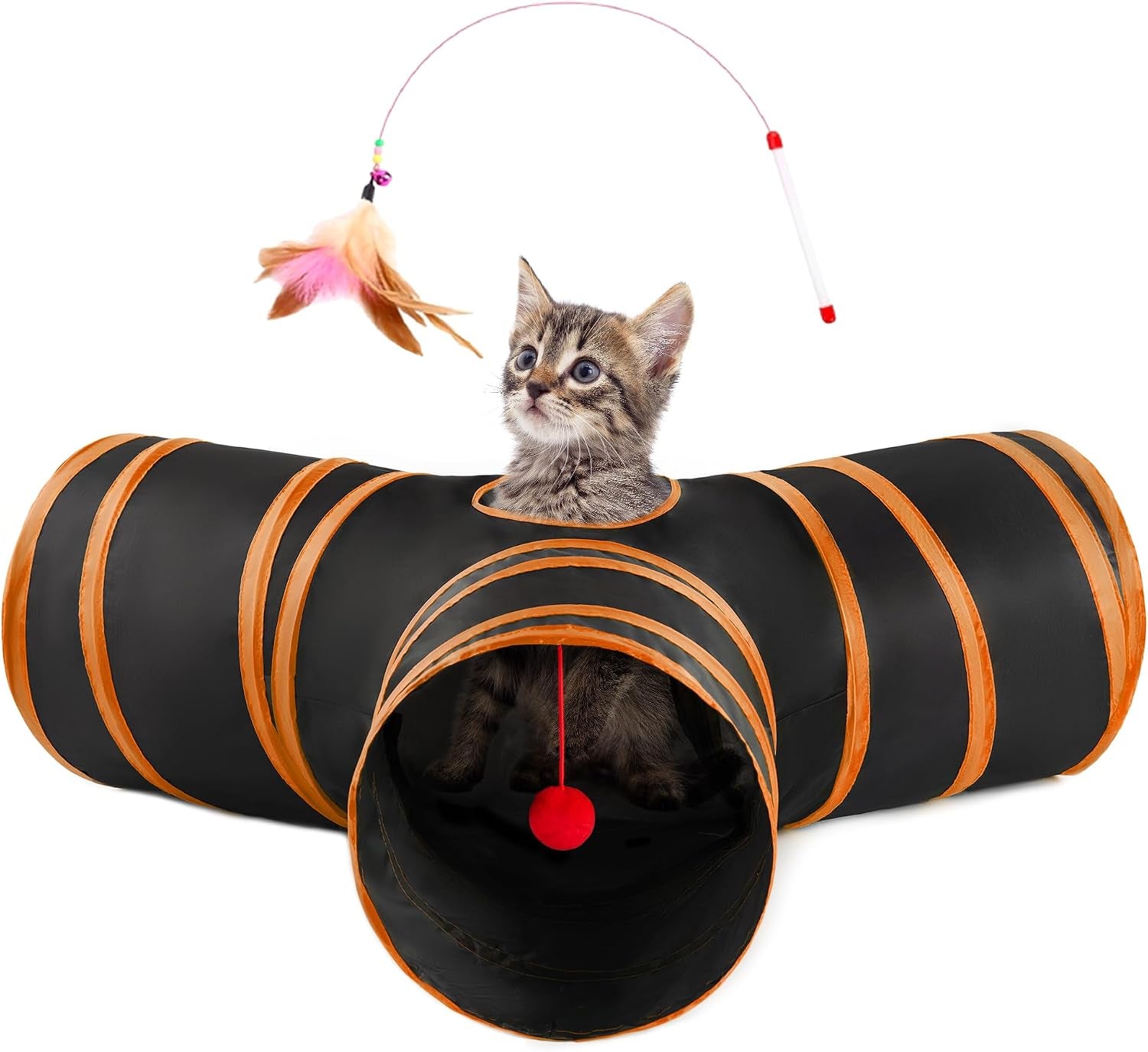 love-s-cabin-cat-tunnel-for-indoor-cats-3-way-collapsible-play-tunnel-with-teaser-wand-peek-holes-toy-ball-small-pet-toy-for-kittens-rabbits-black-blue-small-size