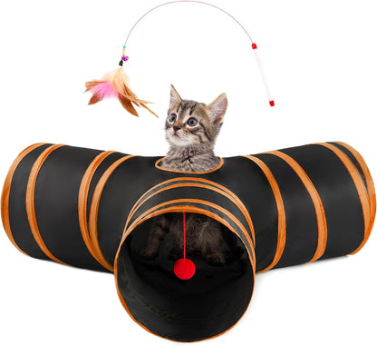 Love’S Cabin Cat Tunnel for Indoor Cats, 3-Way Collapsible Play Tunnel with Teaser Wand, Peek Holes & Toy Ball, Small Pet Toy for Kittens & Rabbits, Black & Blue, Small Size10