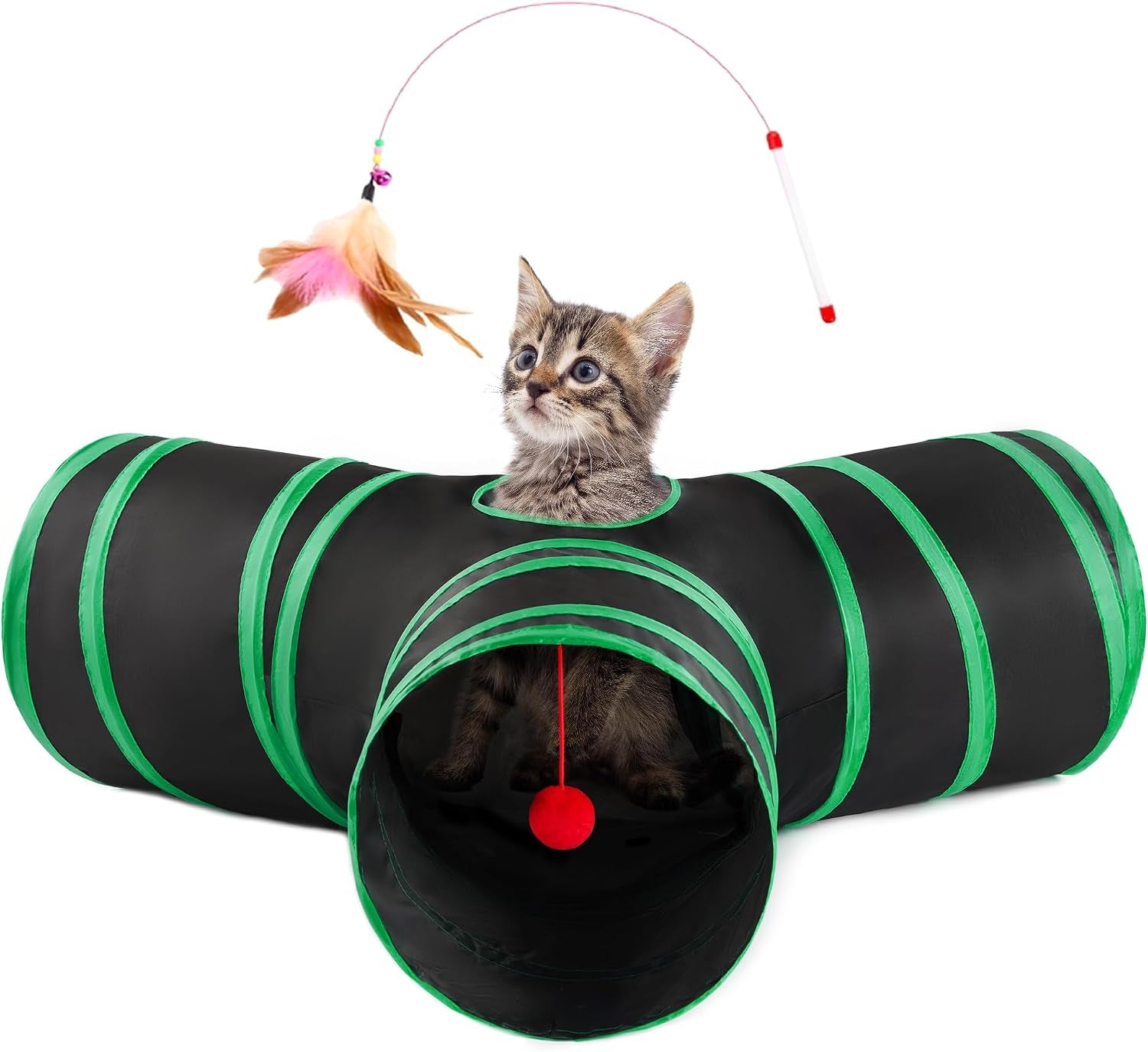 love-s-cabin-cat-tunnel-for-indoor-cats-3-way-collapsible-play-tunnel-with-teaser-wand-peek-holes-toy-ball-small-pet-toy-for-kittens-rabbits-black-blue-small-size