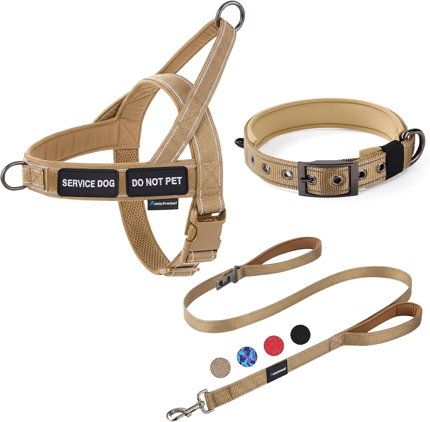 annchwool-no-pull-dog-harness-heavy-duty-reflective-collar-leash-set-leash-with-double-handle-car-seatbelt-clip-easy-control-for-walking-training-medium-large-size-dogsbrown-l