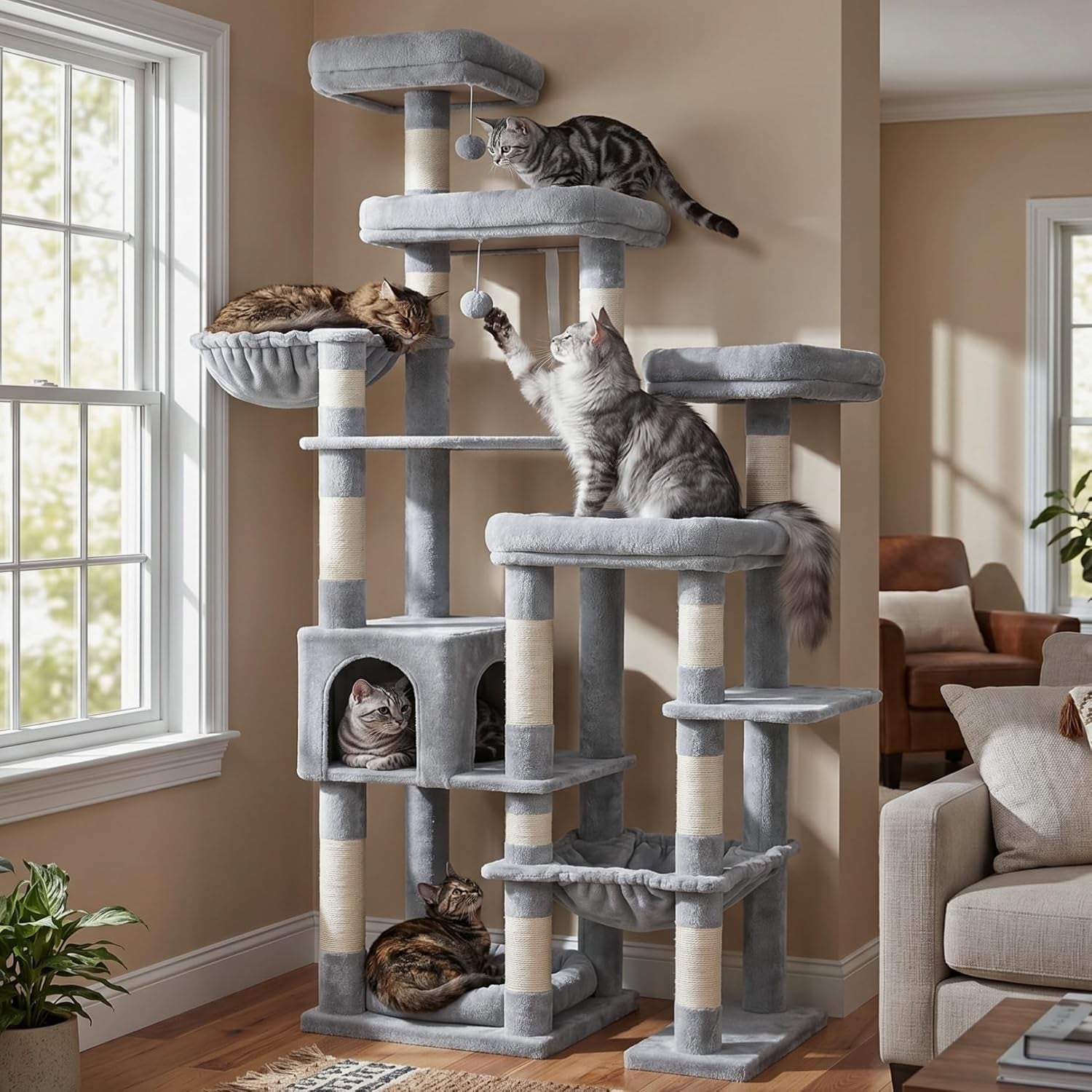 hey-brother-cat-tree-tower-wide-base-5-platforms-for-multi-cats-mpj074mj-72-8-inches-tall-furniture-5-plush-beds-large-condo-big-hammocks-sisal-scratching-posts-for-indoor-adult-cat-beige-brown
