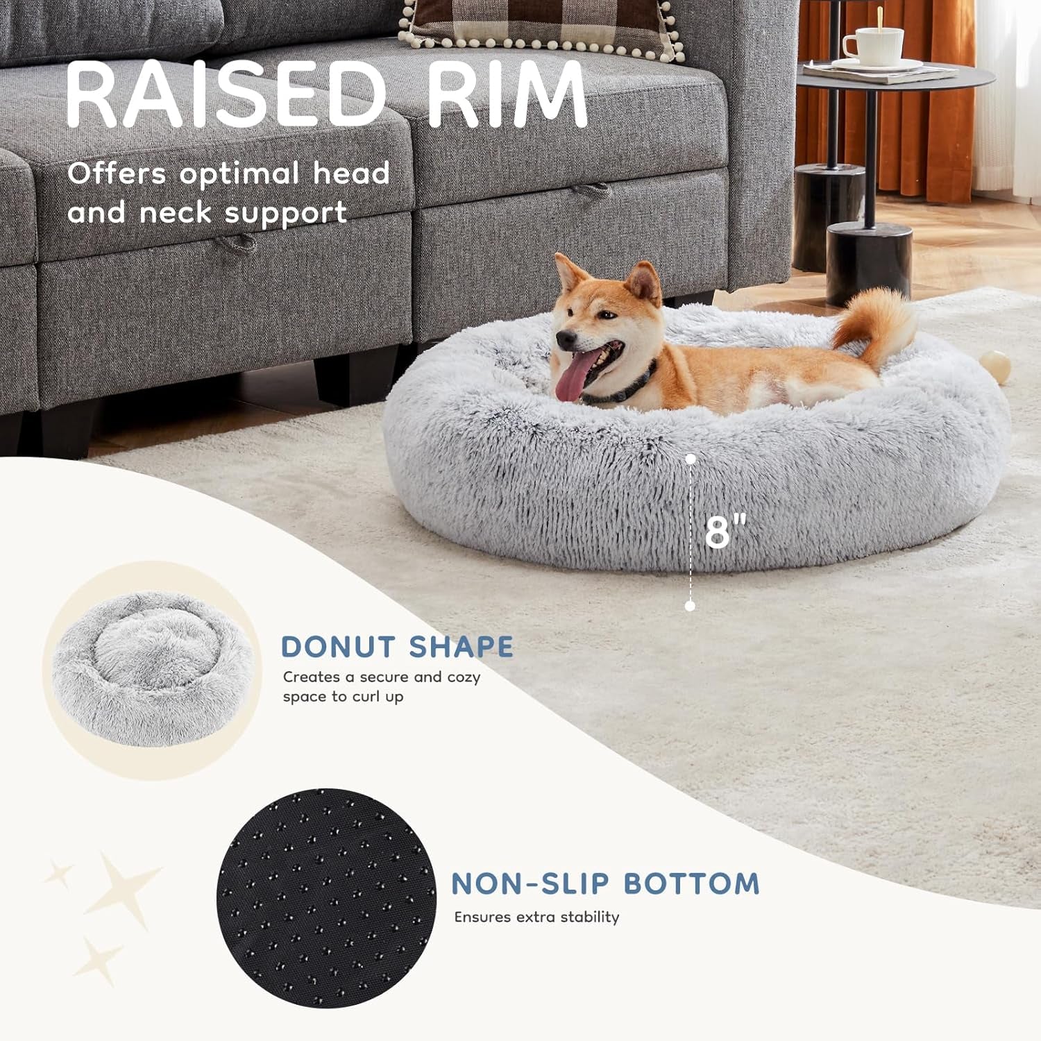 dumos-30-7-inch-donut-dog-bed-faux-fur-plush-grey-machine-washable-cuddler-warming-cozy-fluffy-faux-fur-plush-round-pet-bed-anti-slip-bed-for-indoor-dogs-and-cats