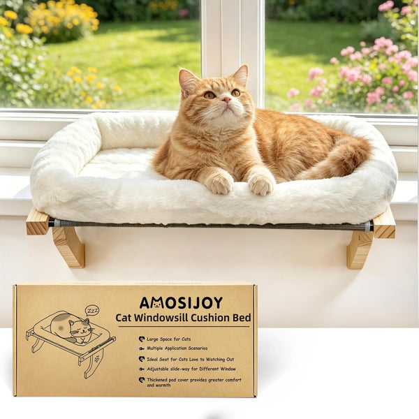 AMOSIJOY Cat Sill Window Perch Sturdy Hammock Window Seat with Cushion Bed Cover, Wood & Metal Frame for Large Cats, Easy to Adjust Cat Bed for Windowsill, Bedside, Drawer and Cabinet(Cushion Bed)1