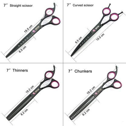 7.0 Inches Professional Dog Grooming Scissors Set Straight & Thinning & Curved & Chunkers 4Pcs in 1 Set (With Comb)6
