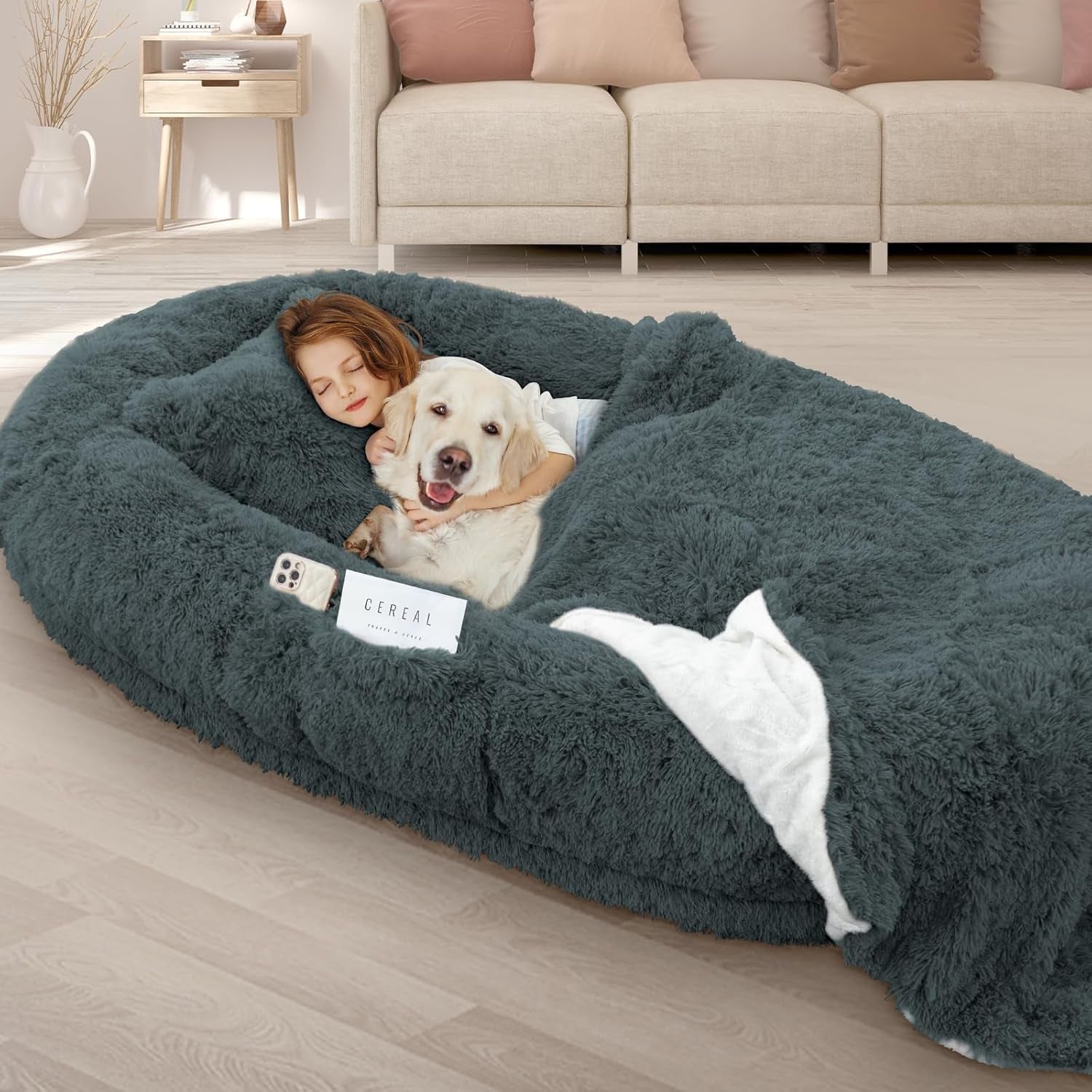 roomtec-human-dog-bed-71x45x12-size-fits-adult-and-pet-washable-giant-people-bed-10-cm-thick-memory-foam-large-oversize-pet-bed-with-plump-pillow-blanket-strap-grey