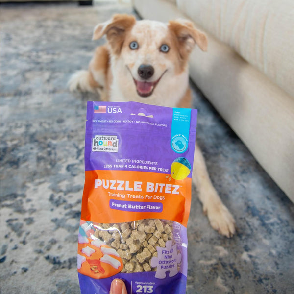 Outward Hound by Nina Ottosson Puzzle Bitez USA Made Dog Treats, Peanut Butter Flavor, Bite-Sized Training Reward and Interactive Puzzle Toy Treats, 7.5Oz8