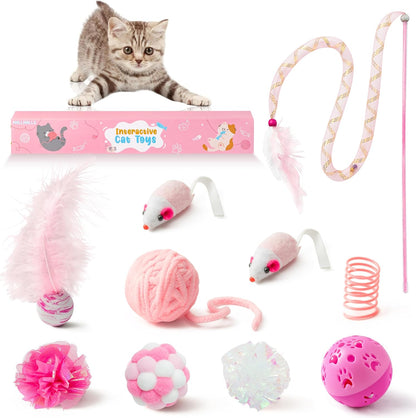 MALLMALL6 10Pcs Cat Toy Set Interactive Cat Toys Pack Including Feather Teaser Wand Cat Springs Mice Crinkle Balls and Pet Bell Balls, Puzzle Toys for Indoor Cats Gift (Pink)1
