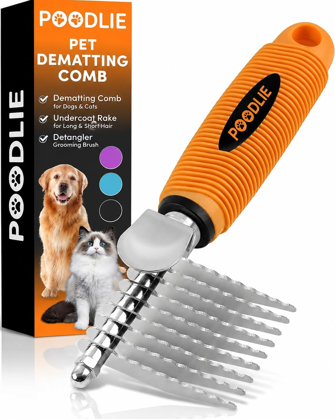 poodle-dematting-fur-rake-comb-brush-for-dogs-and-cats-long-2-5-steel-safety-blades-metal-comb-for-detangling-matted-or-knotted-undercoat-hair