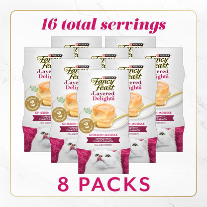 Purina Fancy Feast Layered Delights Chicken Mousse Topped with Flaked Salmon Gourmet Wet Cat Treats - 1.96 Oz. (Pack of 8)3