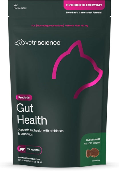 Vetriscience Gut Health Chews, Probiotic Everyday Digestive Supplement for Cats, Pet Probiotics for Digestion Support, Gas and Diarrhea, Immune Support, 120 Million CFU per Chew, Duck, 60 Count1