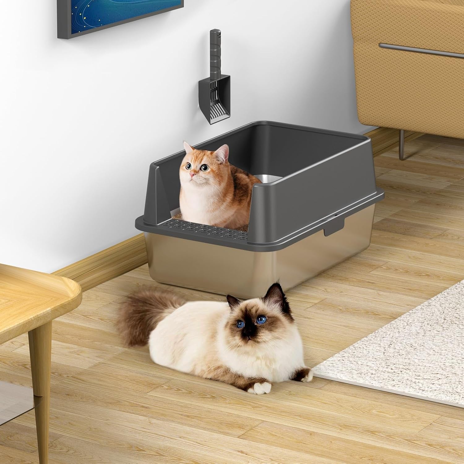2pack-stainless-steel-cat-litter-box-with-high-sides-lid-extra-large-xl-litter-box-for-big-cats-metal-kitty-litter-boxes-with-anti-leakage-enclosure-non-stick-odorless-scoop-included