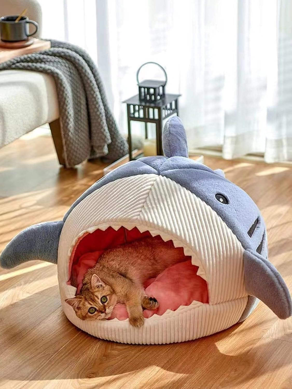 qwinee-cat-mat-shark-shaped-kennel-kitten-bed-hideout-house-warm-soft-comfortable-semi-closed-cat-dog-nest-blue-s