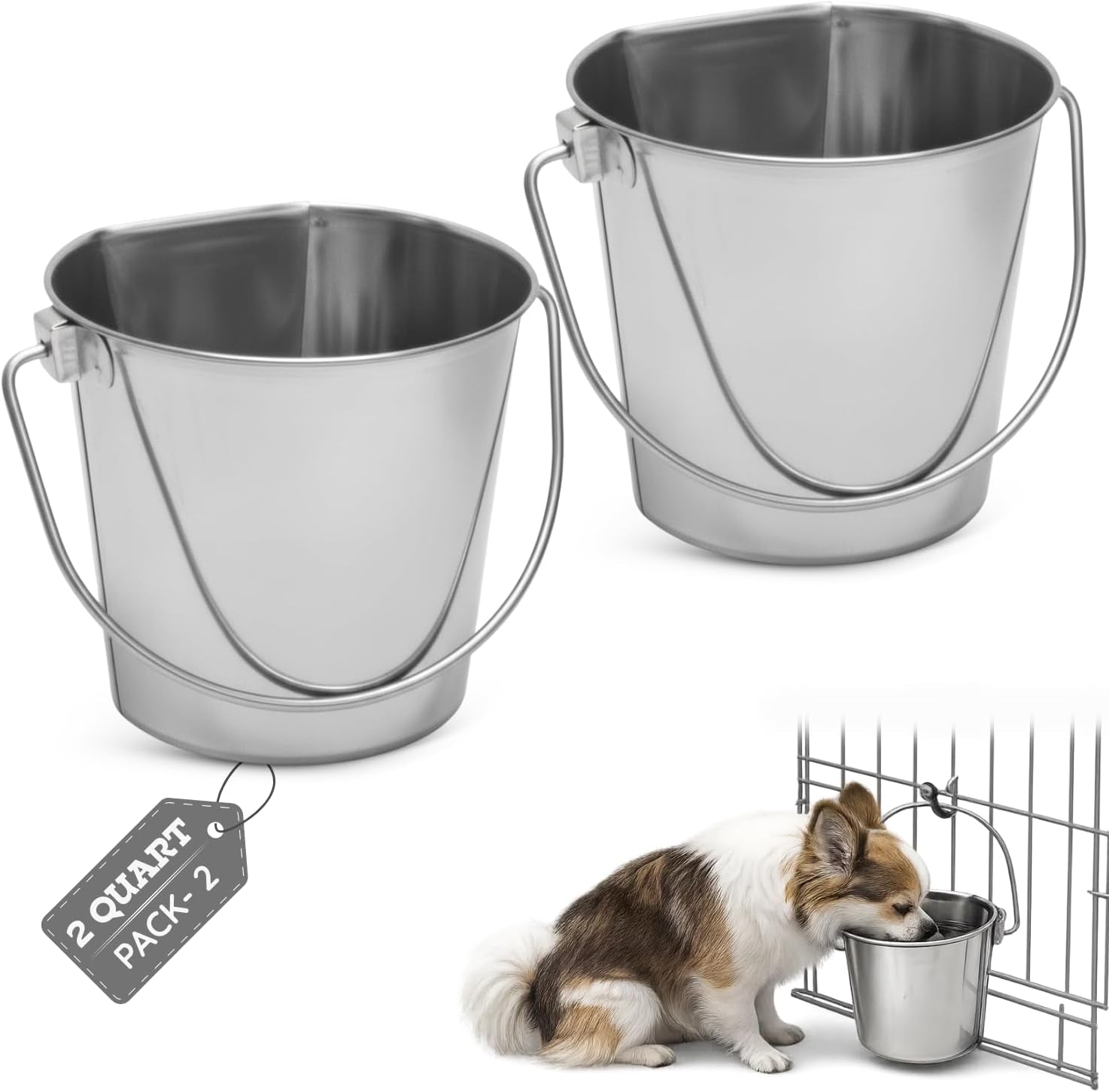 flat-side-stainless-steel-bucket-2-quart-hanging-feeding-utility-pail-for-small-dog-cat-birds-fits-kennel-cage-compatible-heavy-duty-food-water-feeder-0-5-gallon-silver-bucket-4-pack