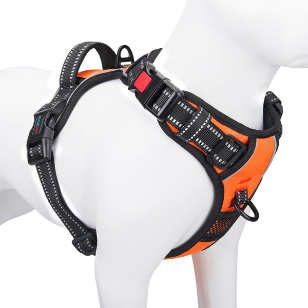PHOEPET No Pull Dog Harness Medium Reflective Front Clip Vest with Handle,Adjustable 2 Metal Rings 3 Buckles,[Easy to Put on & Take Off](M, Orange)1