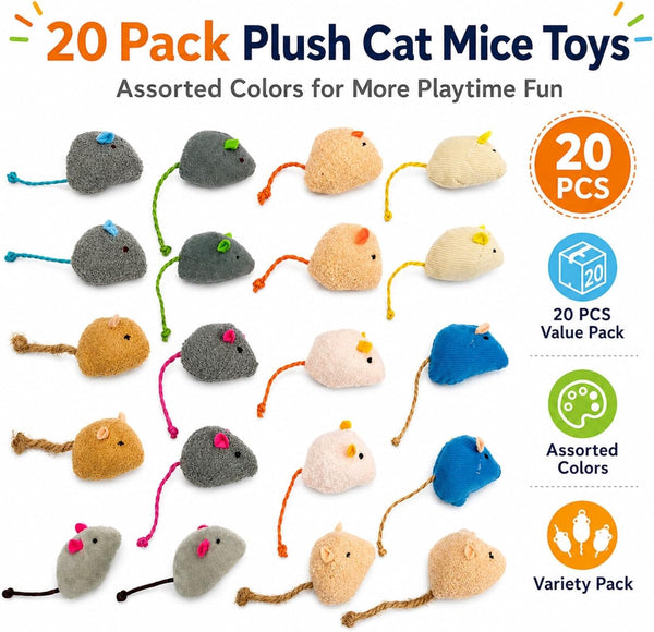 20-Pack Catnip Mouse Toys - Assorted Colors, Plush Mice with Catnip, Interactive Cat Toys for Indoor Kittens & Adults, Durable Cat Teaser Set2