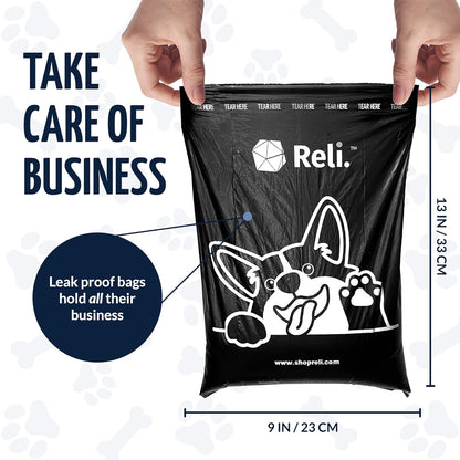 Reli. Dog Poop Bags W/Holder (360 Pack - 24 Rolls) | Leash Clip Dispenser | 9X13" Large Dog Bag for Poop | Unscented, Leak Proof | Black Pet Waste Carrier Refills W/Clip Dispenser3