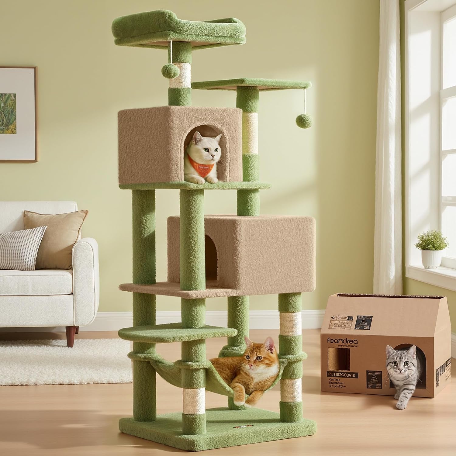 feandrea-cat-tree-59-5-inch-tall-cat-tower-plush-multi-level-condo-with-5-scratching-posts-2-perches-2-caves-hammock-2-pompoms-light-gray-upct192w01