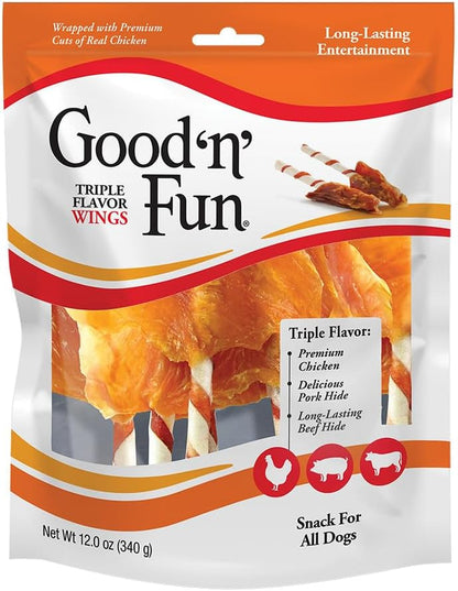 Good ‘N’ Fun Triple Flavor Wings Chews for All Dogs, 12 Ounces, Treat Your Dog to Long-Lasting Chews Made with Chicken, Pork Hide and Beef Hide, Pack of 22