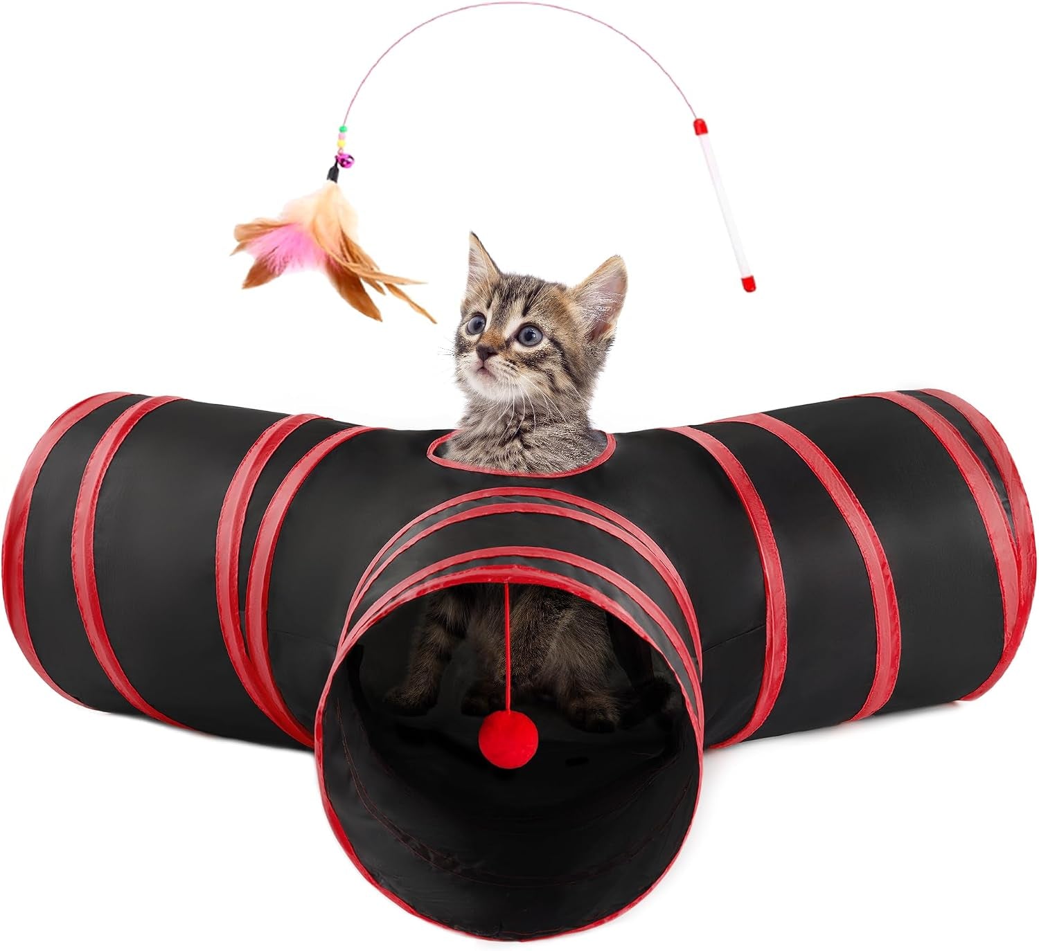 love-s-cabin-cat-tunnel-for-indoor-cats-3-way-collapsible-play-tunnel-with-teaser-wand-peek-holes-toy-ball-small-pet-toy-for-kittens-rabbits-black-blue-small-size