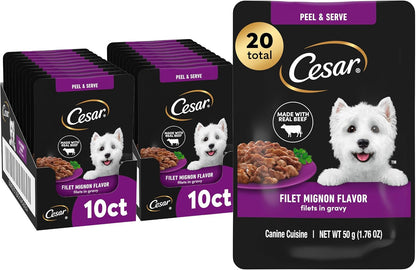 Cesar Mini-Pouch Wet Dog Food, Filet Variety Pack, 1.76 Oz, 40 Count | 3 Flavors: Rotisserie Chicken, Filet Mignon, Wood-Grilled Chicken, Real Chicken or Beef, Easy Peel-And-Serve, Protein-Packed12
