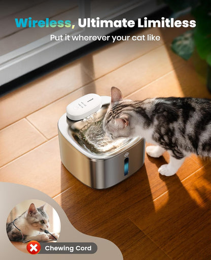 Oneisall Wireless Cat Water Fountain, 3.5L/118Oz Battery Operated Pet Drinking Fountain Stainless Steel, Running Water Dispenser Fountains for Cats, Cordless&Rechargeable with Motion Sensor(Hale 3.5L)2