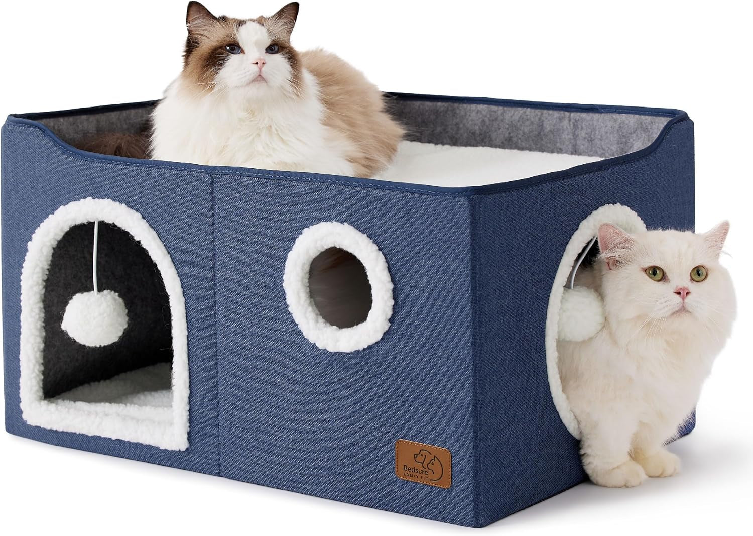 bedsure-cat-house-bed-for-indoor-cats-with-fluffy-ball-and-scratch-pad-grey-16-5x16-5x13-in-large-cat-cave-for-multiple-pets-foldable-cat-hideway-cube-for-sleeping-kitten
