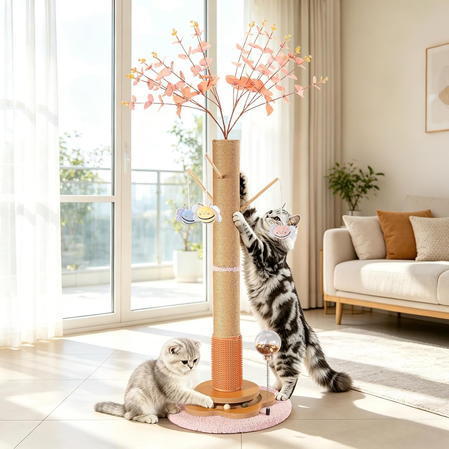 45-tall-cat-scratching-post-for-large-cats-adults-grooming-brush-track-ball-spring-feeder-3-bee-toys-sisal-rope-large-cat-scratcher-tree-with-leaves-for-indoor-cats-pink
