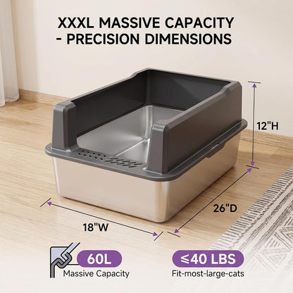XXL Stainless Steel Cat Litter Box with Lid, 26X18X12 Inches | 12-Inch High Sides, for Big and Multiple Cats, Anti-Urine Leakage, Durable Metal7