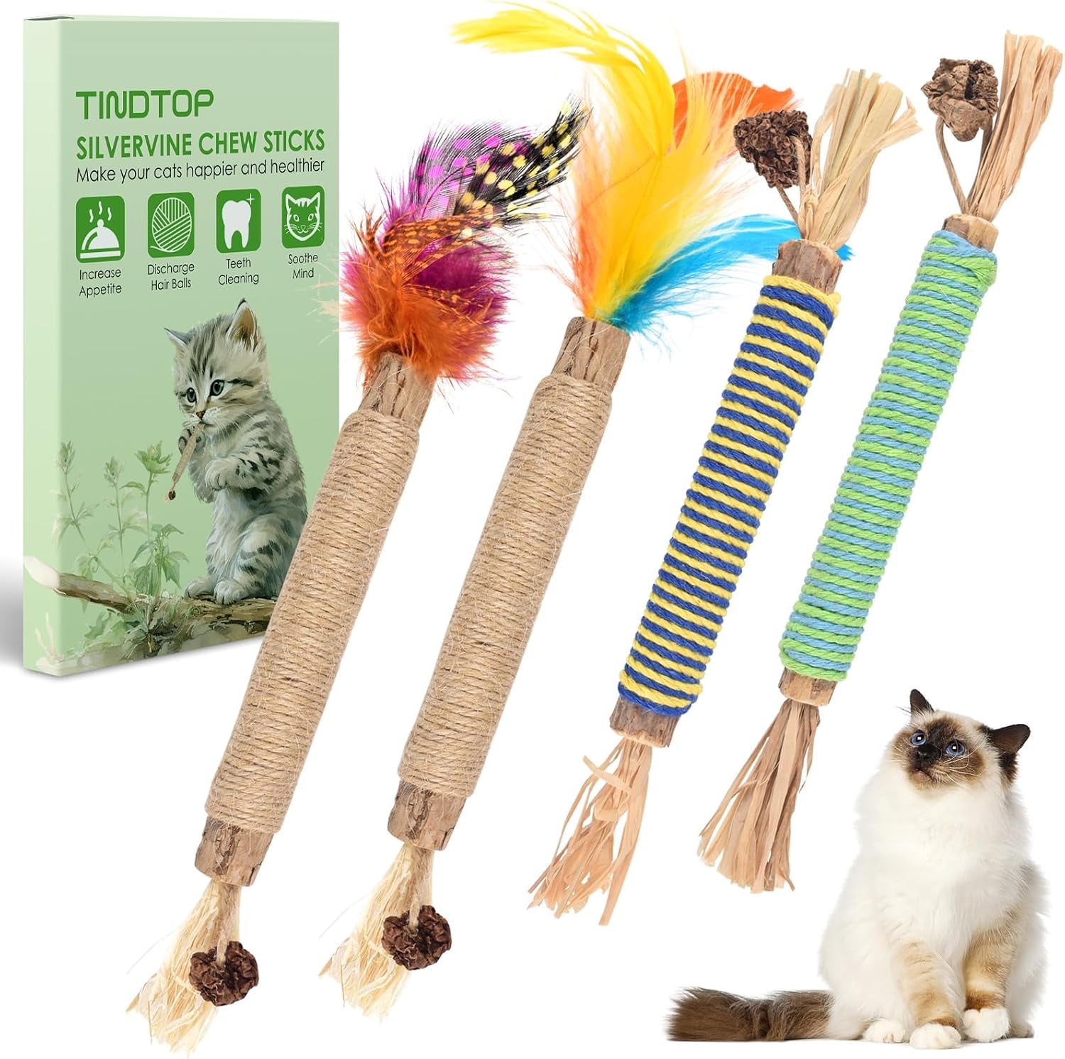 tindtop-catnip-chew-toys-for-cats-12-pack-natural-silvervine-sticks-for-kittens-teeth-cleaning-matatabi-dental-care-increase-appetite-calm-cat-anxiety-and-stress-cat-dental-toy