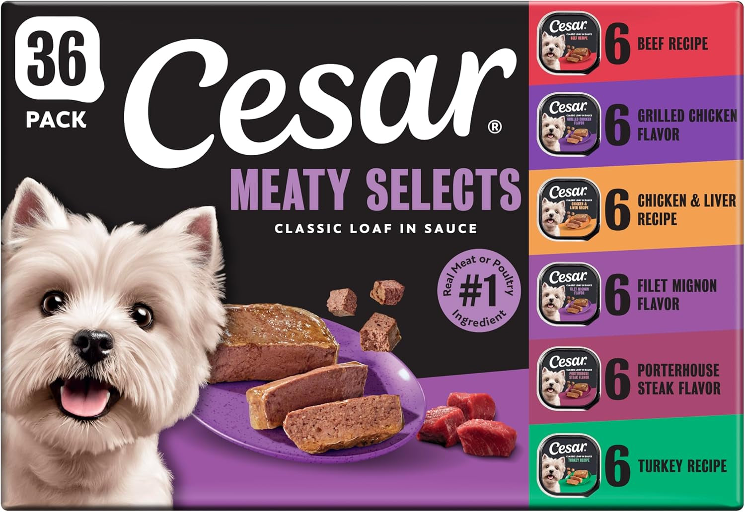 cesar-wet-dog-food-classic-loaf-in-sauce-grilled-chicken-filet-mignon-porterhouse-steak-beef-chicken-liver-and-turkey-variety-pack-3-5-oz-easy-peel-trays-36-count-pack-of-1-made-in-usa-real-meat-1-ingredient-no-fillers-or-artificial-flavors-formulated-without-grains-easy-peel-trays