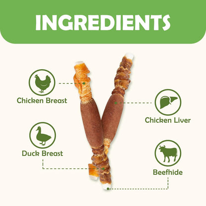 MON2SUN Dog Treats, 5 Inch Triple Flavor Wrapped Rawhide Sticks, 21.16 Oz | 30 Count Pack, Chicken Liver, Duck and Chicken Recipe, Long-Lasting Chew, Support Dental Health, for Small and Medium Dogs3