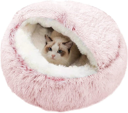 SUOXU Anti-Anxiety Cat Bed, Plush Hooded Cave, 20 in Diameter, Suitable for Small to Medium Pets, Pink1