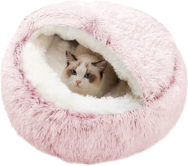SUOXU Anti-Anxiety Cat Bed, Plush Hooded Cave, 20 in Diameter, Suitable for Small to Medium Pets, Pink1