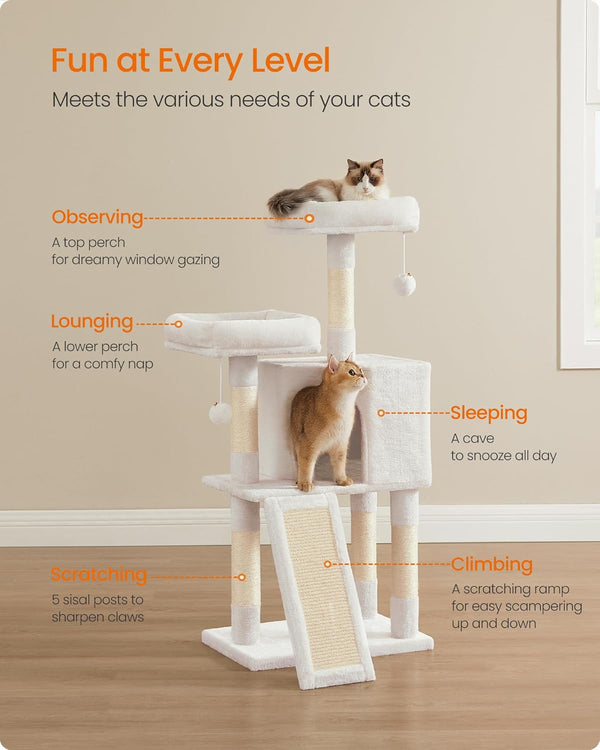 Feandrea Cat Tree, 45.3-Inch Cat Tower, Plush Condo Scratching Post, White | 45.3-Inch Cat Tower, Plush Condo with Scratching Post, Ramp, Perch, Spacious Cave, Cream White4