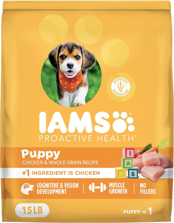 IAMS Proactive Health Puppy Dry Dog Food, Chicken & Whole Grain, 15 Lb | Real Chicken #1 Ingredient, Vet-Recommended, Omega-3 DHA for Cognitive & Vision Development, Calcium for Bones & Joints1