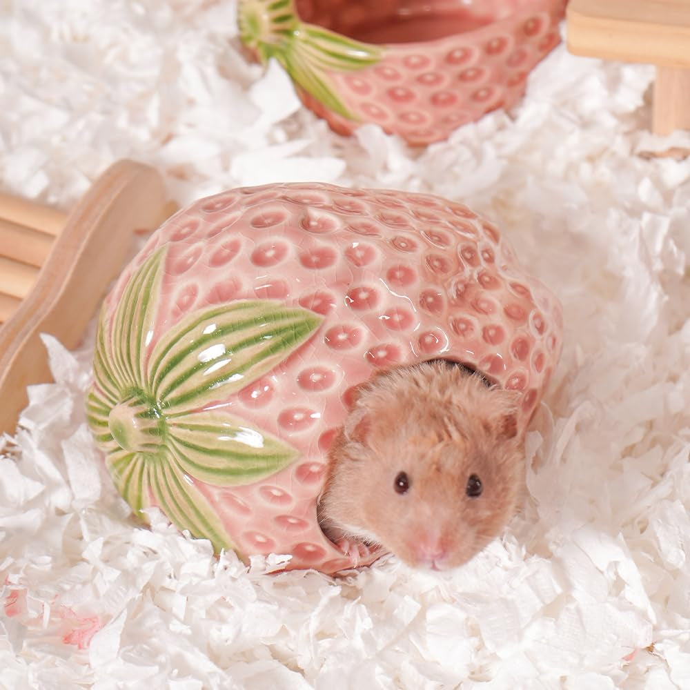 ceramic-hamster-hideout-strawberry-chew-proof-syrian-hide-cool-bed-easy-to-clean-durable-ceramic-guinea-pig-house-good-hiding-hut-cave-for-gerbil-mice-rat-all-season-cute-pink-habitat-decor