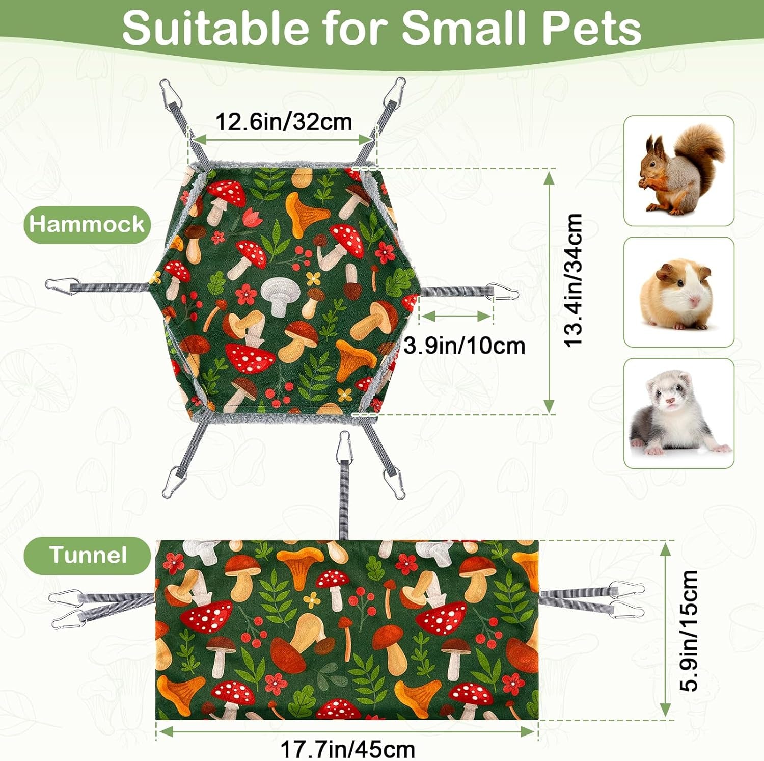 bienbee-2-pcs-ferret-rat-hammock-set-for-cage-washable-guinea-pig-hideout-bed-soft-small-animal-hammock-tunnel-toys-ferret-cage-accessories-for-hedgehog-sugar-glider-squirrel-hamster-green-mushroom