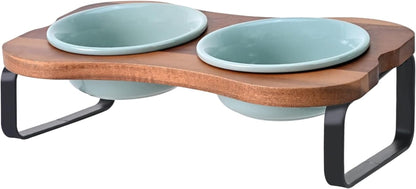 SPUNKYJUNKY Ceramic Elevated Tilted Dog Bowls Bone-Shaped Raised with 2 Height Iron Stand, 4.9'' Dog and Cat Food Water Bowls Set Non-Slip for Puppy Kitten Small Sized Breed - 7 Oz,Light Green1
