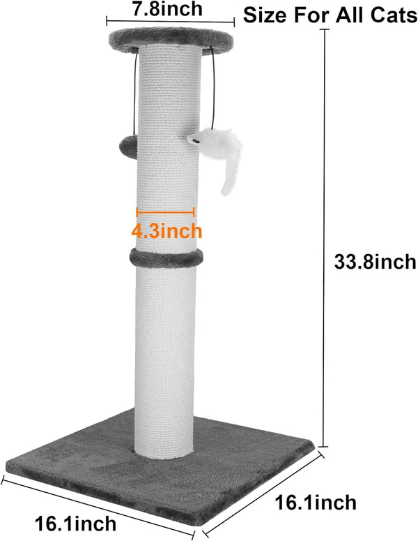 34-Inch Tall Cat Scratching Post for Large Cats, Stable Base, Gray | Heavy-Duty Cat Scratcher, Extra-Tall Thick Post, Soft Natural Cotton Rope, Hanging Interactive Cat Toys, Indoor Cat Furniture2