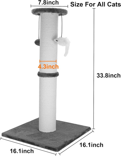 34-Inch Tall Cat Scratching Post for Large Cats, Stable Base, Gray | Heavy-Duty Cat Scratcher, Extra-Tall Thick Post, Soft Natural Cotton Rope, Hanging Interactive Cat Toys, Indoor Cat Furniture2