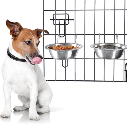 Set of 2 Stainless-Steel Dog Bowls - Cage, Kennel, and Crate Hanging Pet Bowls for Food and Water - 20Oz Each and Dishwasher Safe by Petmaker,Silver1