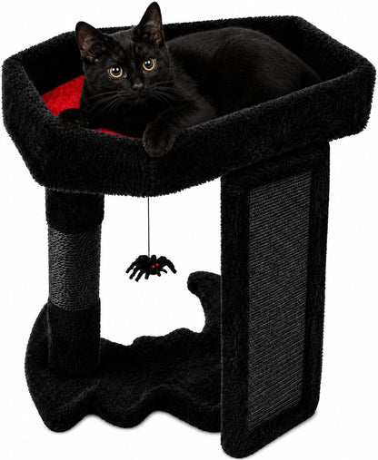 Gothic Cat Tree Tower with Coffin Bed for Indoor Cats, Black | Halloween Scratching Post｜ Spooky Sisal Scratcher｜Goth Cat Trees｜Interactive Spider Toys｜Activity Kitty Play Center1