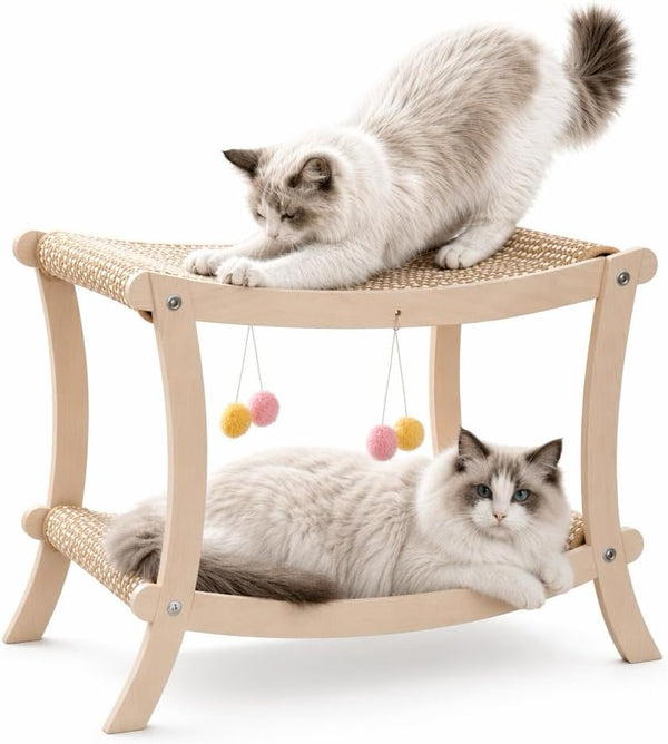Indoor Cat Scratcher Bed, Double Layer Cat Hammock with Toy Ball, Wooden Sisal Cat Scratching Pad for Cats, Elevated Cat Lounge for Claw Grinding & Sleeping1