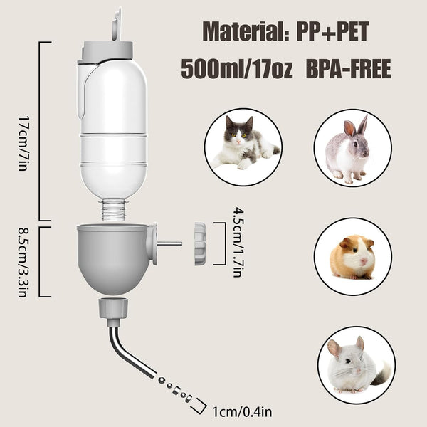 Pet Water Bottle for Cage Crate 17Oz Non-Drip Water Dispenser for Small Animal Rabbit Bunny Guinea Pig Chinchilla Ferret Squirrel Hedgehog (Gray, 17Oz)5