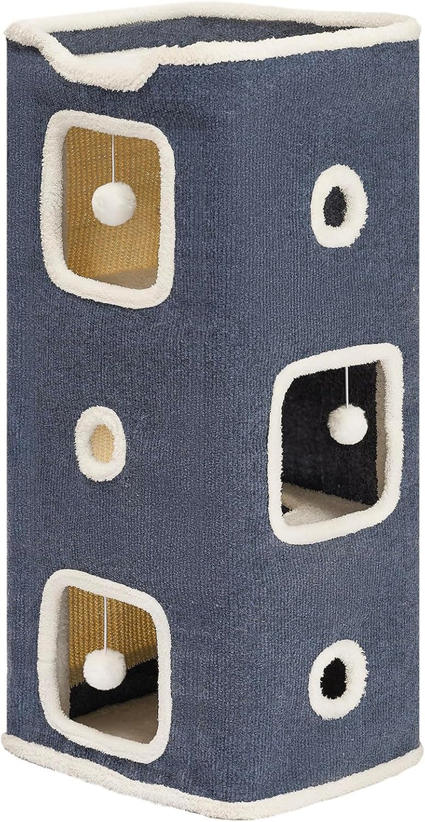 Cat House, Cat Beds for Indoor Cats, 3-Story Cat Condo Cube with Scratch Pad and Fluffy Ball Hanging, Multi-Level Cozy Hideout Center Ideal for Small/Medium Cats1