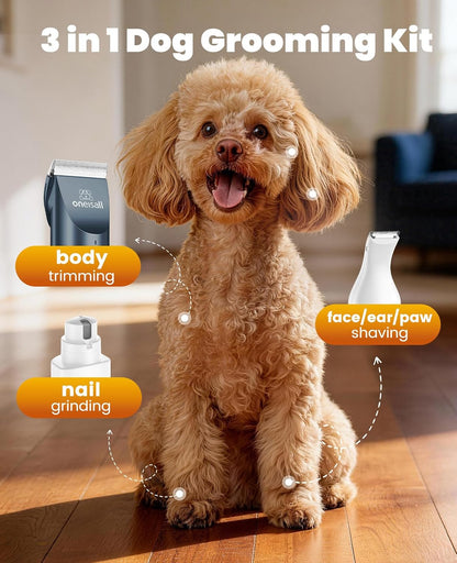 Oneisall Dog Clippers and Paw Trimmer Grooming Kit | Low Noise, Powerful Motor, 3-In-1 Dog Trimmers+Nail Grinder, Long-Lasting Battery&Cordless, for Small Medium Large Dogs2