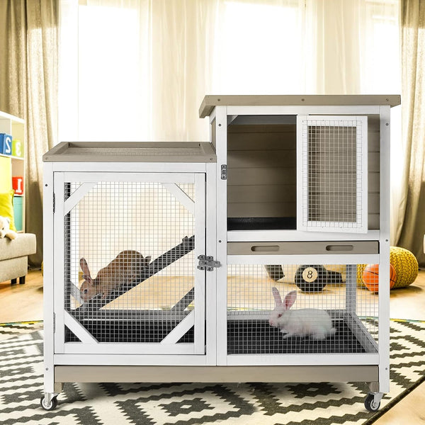 GUTINNEEN Wooden Duplex Rabbit Cage on Wheels with Chew-Proof Ramp, Grey | 4 Mobile Swivel Casters, 2-Story Design, Waterproof Rain Cover, 5 Access Doors, 2 Sliding Trays10