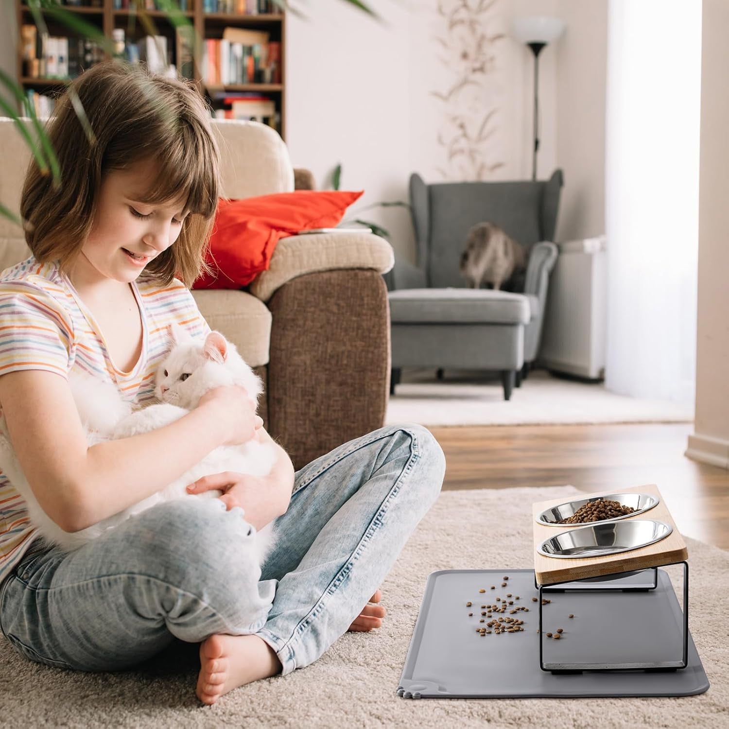 upgraded-elevated-cat-bowls-with-food-mat-15-tilted-stand-anti-vomiting-raised-cat-dishes-for-food-and-water-2-stainless-steel-bowls-for-cats-and-puppy