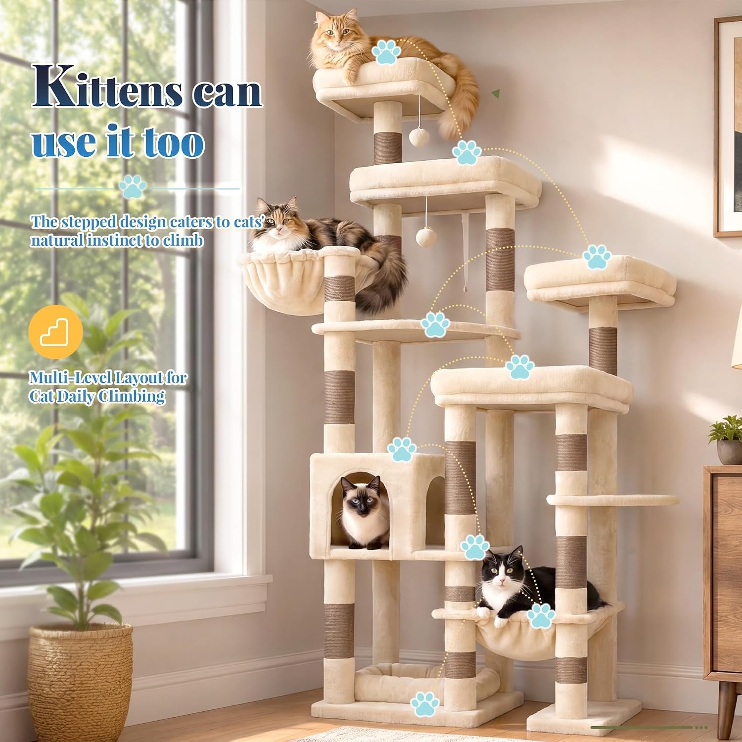 hey-brother-cat-tree-tower-wide-base-5-platforms-for-multi-cats-mpj074mj-72-8-inches-tall-furniture-5-plush-beds-large-condo-big-hammocks-sisal-scratching-posts-for-indoor-adult-cat-beige-brown
